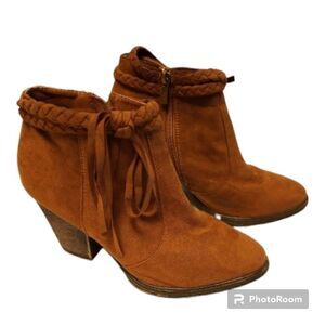 Doll house faux suede ankle booties with braided tassel detailing